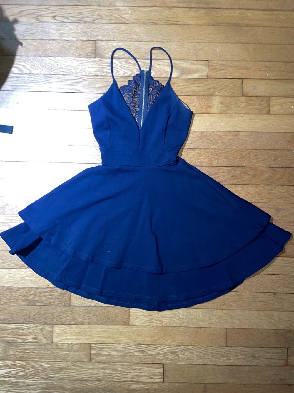 Windsor Navy Blue Backless Lace-Detail Flared Dress